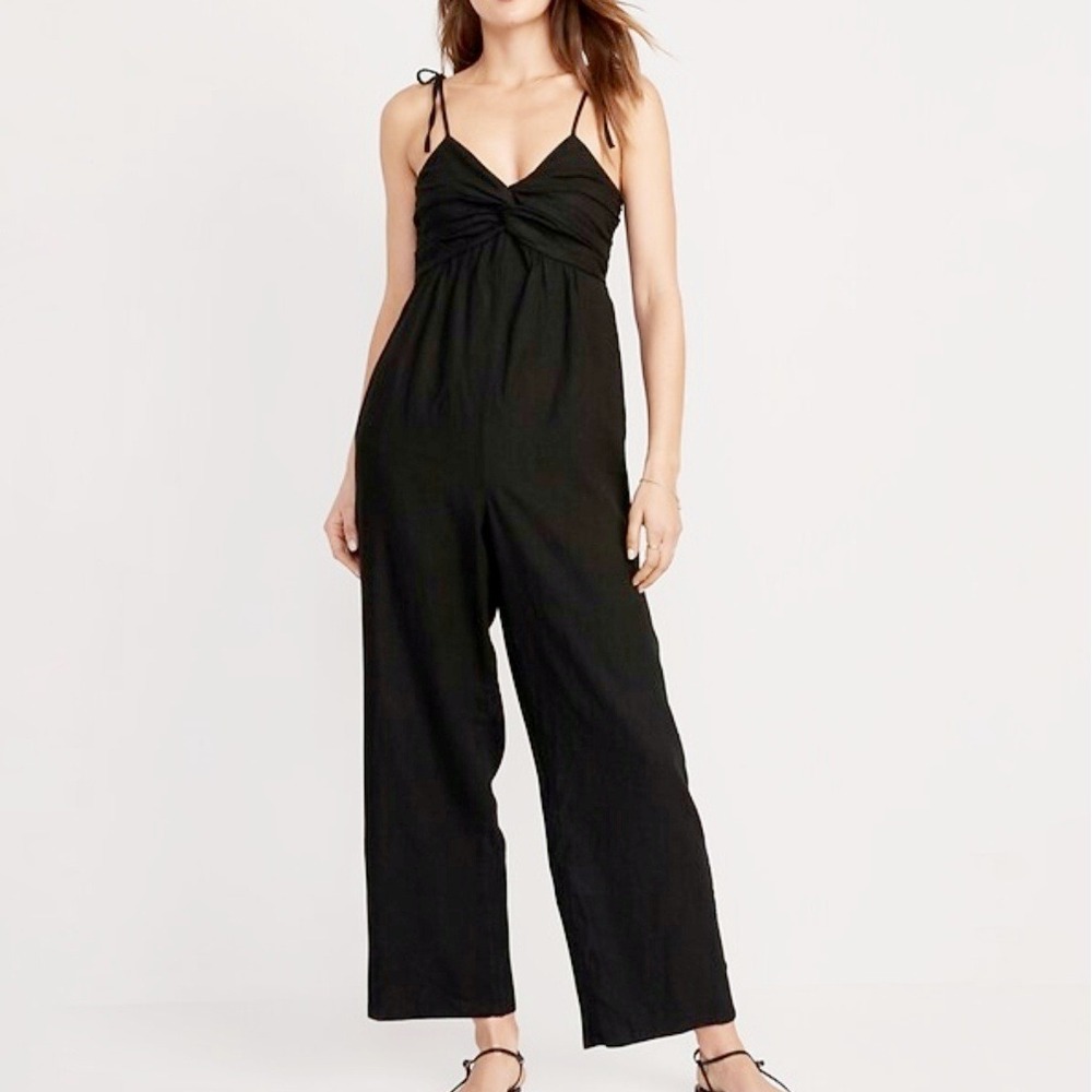 Old Navy Linen Sleeveless Twist Front Jumpsuit Sz L Black Tie Shoulder